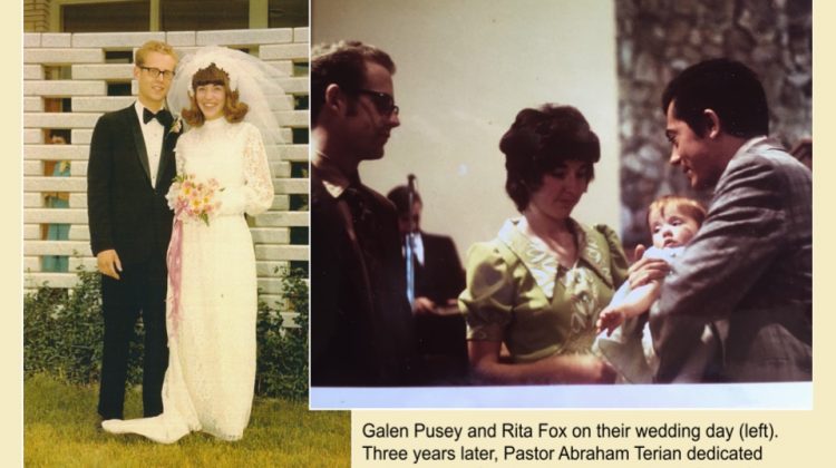 Wedding portrait of Galen Pusey and Rita Pusey with a second photo from their daughter's baby dedication.