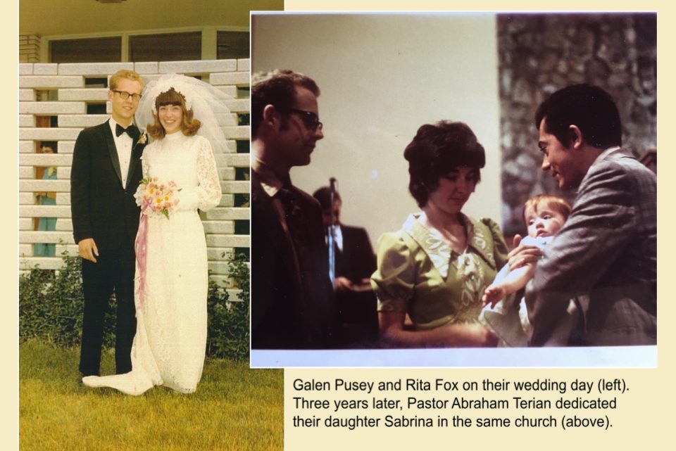 Wedding portrait of Galen Pusey and Rita Pusey with a second photo from their daughter's baby dedication.