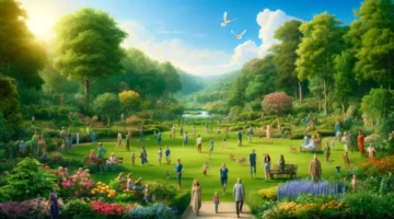 A lush, perfect scene resembling the Garden of Eden with vibrant greenery, colorful flowers, a clear blue sky, and diverse people in modern clothes enjoying the idyllic surroundings.
