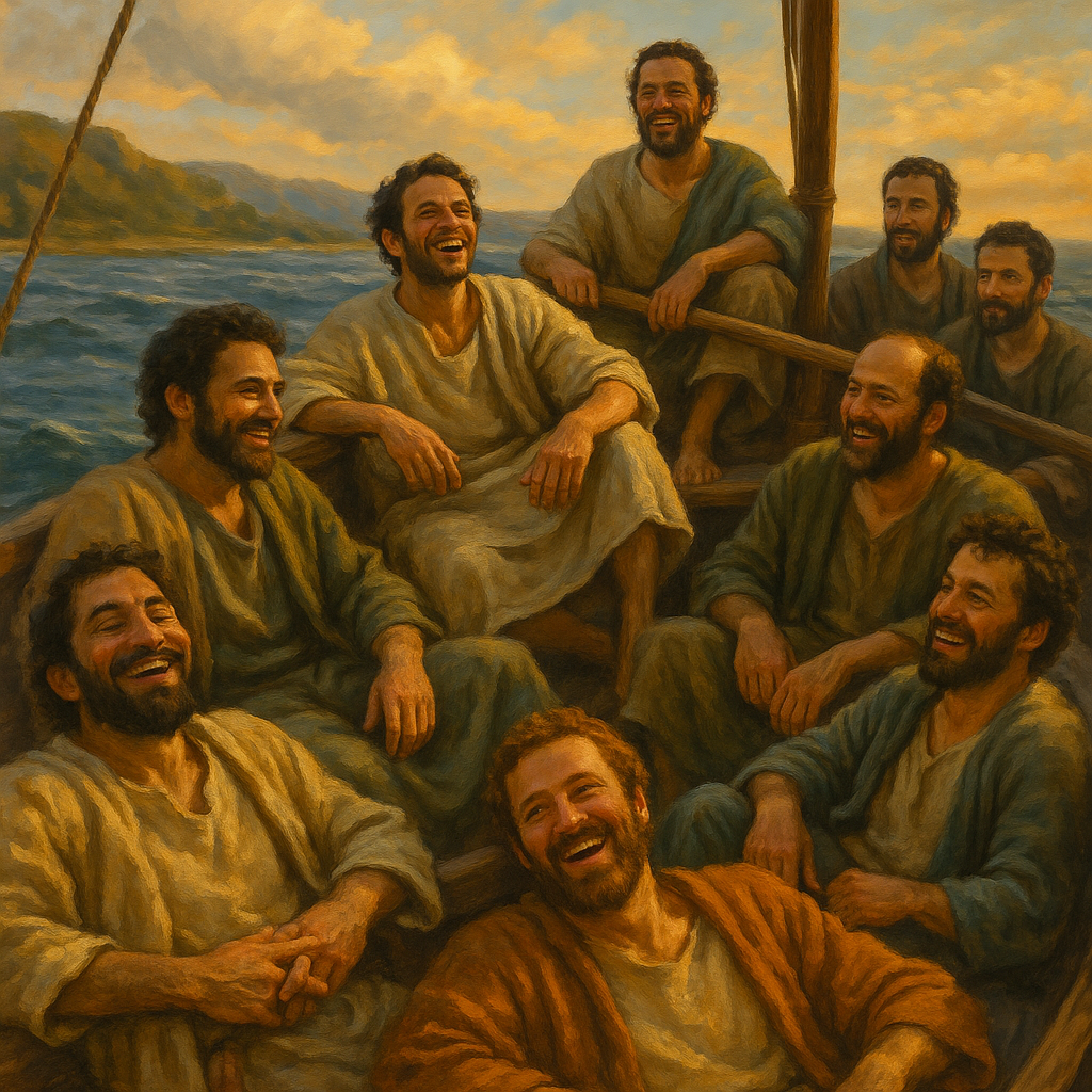 An oil-painting–style image showing several of Jesus’ disciples laughing and relaxing together in a wooden boat at dusk, with warm golden light on the water and distant hills. The mood is peaceful and joyful as they reflect on the miracle of feeding the 5,000.