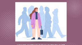 A photo with title "Use this trick to fix your life: how to shift your thoughts to shift your life" featuring an illustration with a woman standing with shadowed images of people walking behind her.