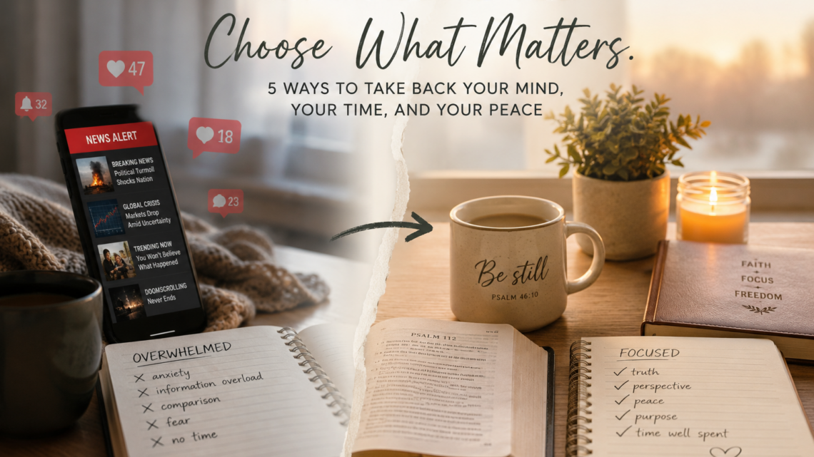 A split-image showing a smartphone filled with news alerts and social media notifications on one side, contrasted with a peaceful scene featuring an open Bible, coffee mug, candle, and journal on the other, symbolizing moving from anxiety and information overload to faith and peace.