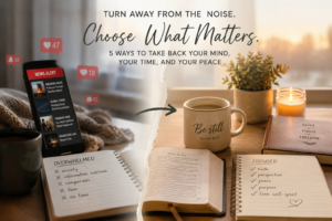 A split-image showing a smartphone filled with news alerts and social media notifications on one side, contrasted with a peaceful scene featuring an open Bible, coffee mug, candle, and journal on the other, symbolizing moving from anxiety and information overload to faith and peace.