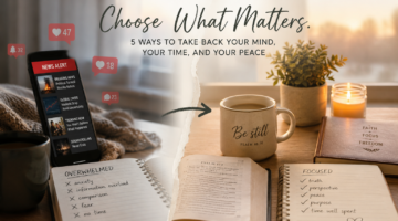 A split-image showing a smartphone filled with news alerts and social media notifications on one side, contrasted with a peaceful scene featuring an open Bible, coffee mug, candle, and journal on the other, symbolizing moving from anxiety and information overload to faith and peace.