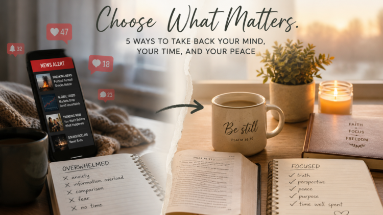 A split-image showing a smartphone filled with news alerts and social media notifications on one side, contrasted with a peaceful scene featuring an open Bible, coffee mug, candle, and journal on the other, symbolizing moving from anxiety and information overload to faith and peace.