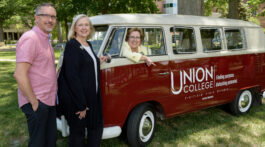 Ken Farrow, LuAnn Davis and Vinita Sauder with Union’s VW bus.