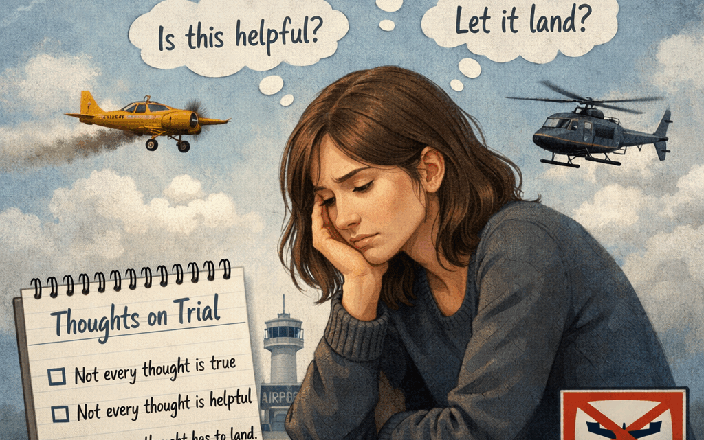 Illustrated image of a thoughtful woman sitting beneath a sky filled with airplanes, using the metaphor of thoughts as planes that may or may not be allowed to land.