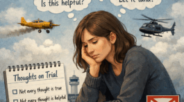 Illustrated image of a thoughtful woman sitting beneath a sky filled with airplanes, using the metaphor of thoughts as planes that may or may not be allowed to land.