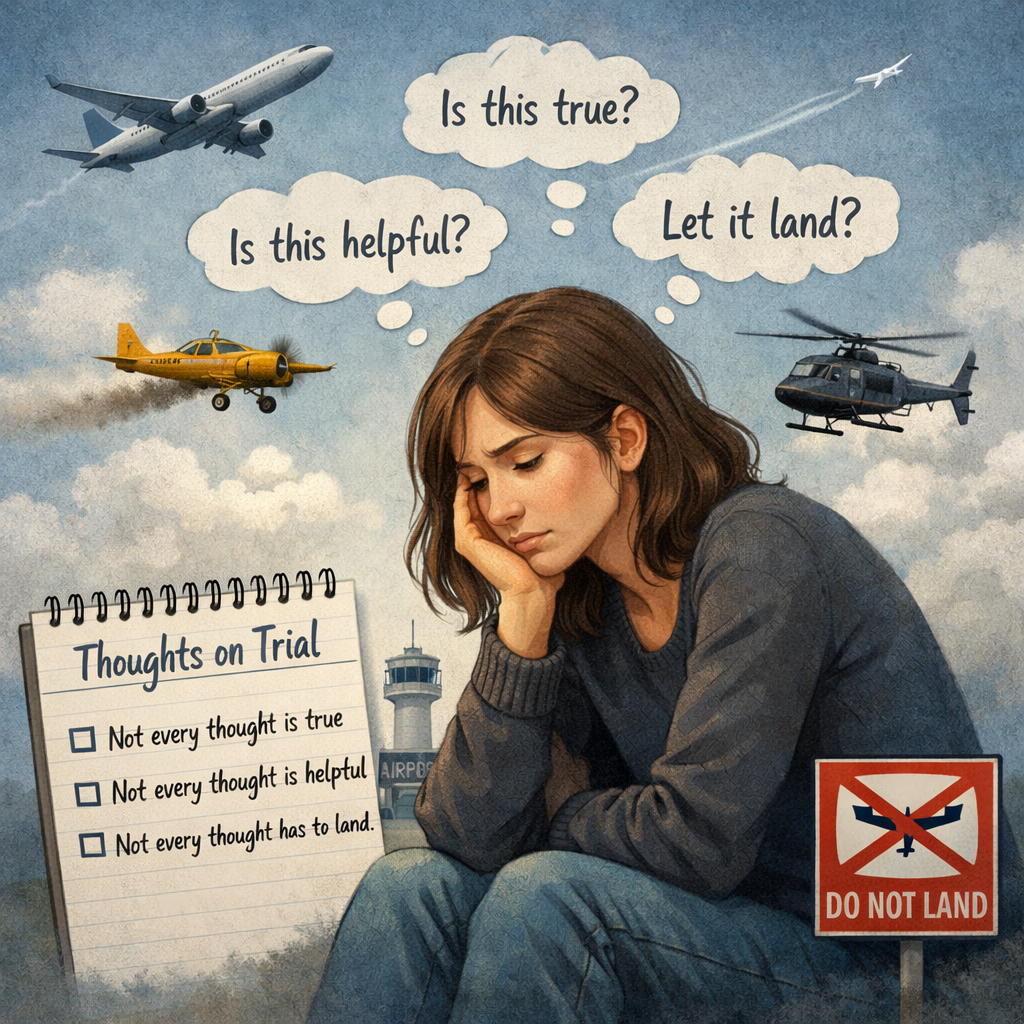 Illustrated image of a thoughtful woman sitting beneath a sky filled with airplanes, using the metaphor of thoughts as planes that may or may not be allowed to land.