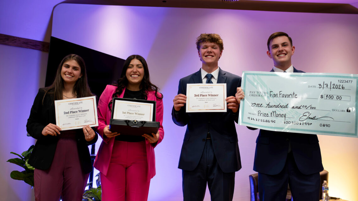 Yve Ellis Lahav (second place), Emma Bermeo (first place), and Matthew Pennhallurick and Jacob Orian (third place and fan favorite) were the winners of Union's first business pitch competition.