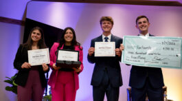 Yve Ellis Lahav (second place), Emma Bermeo (first place), and Matthew Pennhallurick and Jacob Orian (third place and fan favorite) were the winners of Union's first business pitch competition.