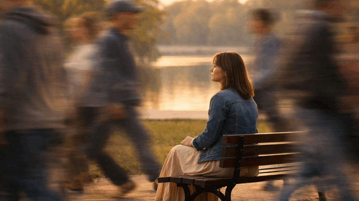 A calm woman sitting on a park bench while blurred figures rush past her, symbolizing stillness amid a busy world.