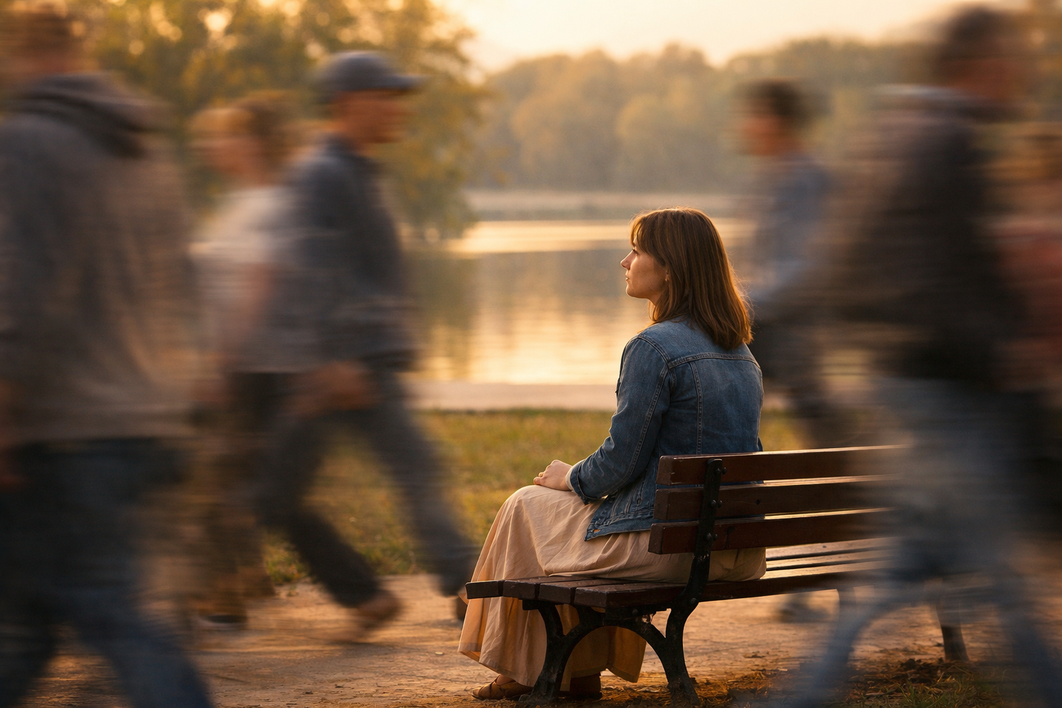 A calm woman sitting on a park bench while blurred figures rush past her, symbolizing stillness amid a busy world.