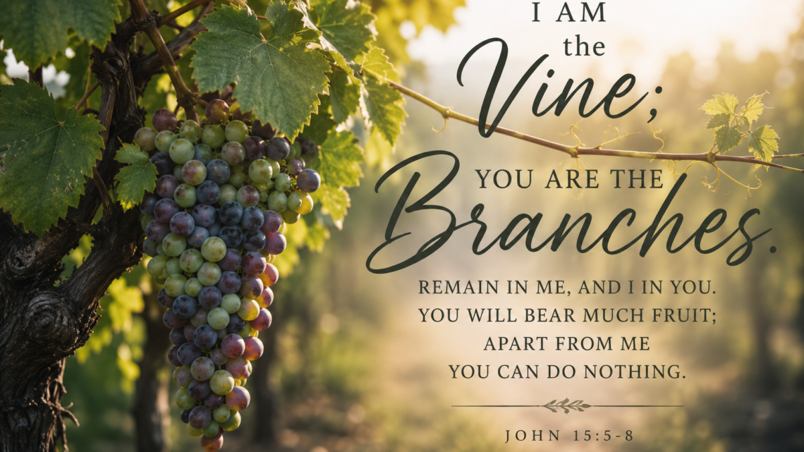 A cluster of ripening grapes hanging from a healthy vine in a sunlit vineyard, illuminated by warm golden light, with the words “I Am the Vine; You Are the Branches” from John 15:5–8 displayed beside them.