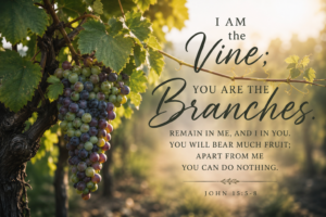 A cluster of ripening grapes hanging from a healthy vine in a sunlit vineyard, illuminated by warm golden light, with the words “I Am the Vine; You Are the Branches” from John 15:5–8 displayed beside them.