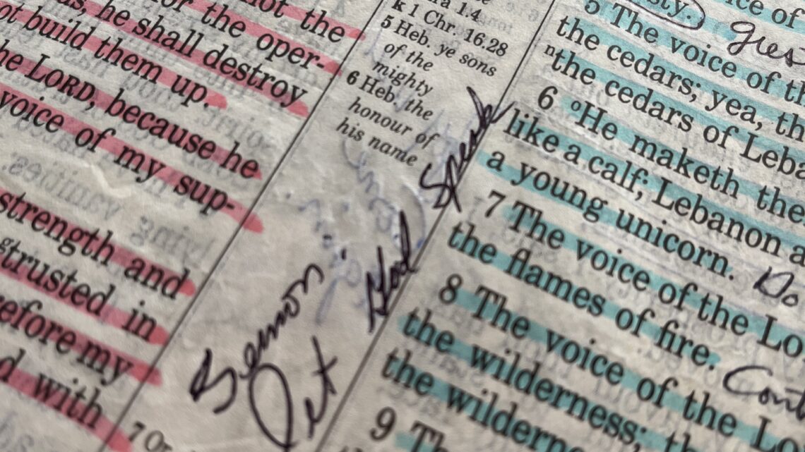 Margin note in a Bible with words, Sermon: Let God Speak