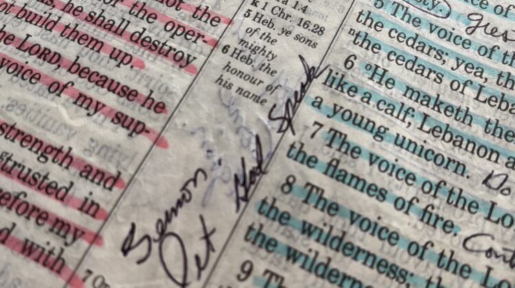 Margin note in a Bible with words, Sermon: Let God Speak