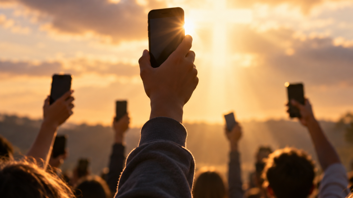 Young people raise their smartphones toward the sky during a prayer of dedication, symbolizing a commitment to use technology and social media for God’s glory.