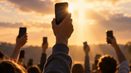 Young people raise their smartphones toward the sky during a prayer of dedication, symbolizing a commitment to use technology and social media for God’s glory.