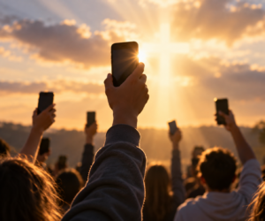 Young people raise their smartphones toward the sky during a prayer of dedication, symbolizing a commitment to use technology and social media for God’s glory.